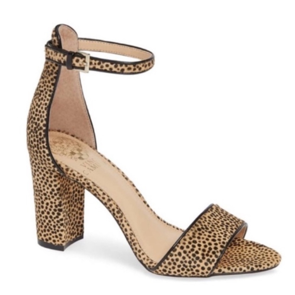 Vince Camuto Genuine Cow Hair Leopard Print Ankle Strap Sandals Tan Black 9.5